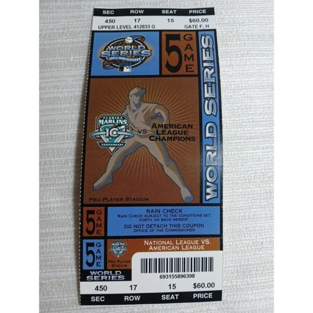 World Series Game 5 Ticket‎ Stub Yankees/Marlins Josh Beckett MVP W/ Holder 2003